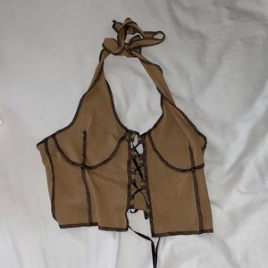 Tan Halter Top with Lace Up Front